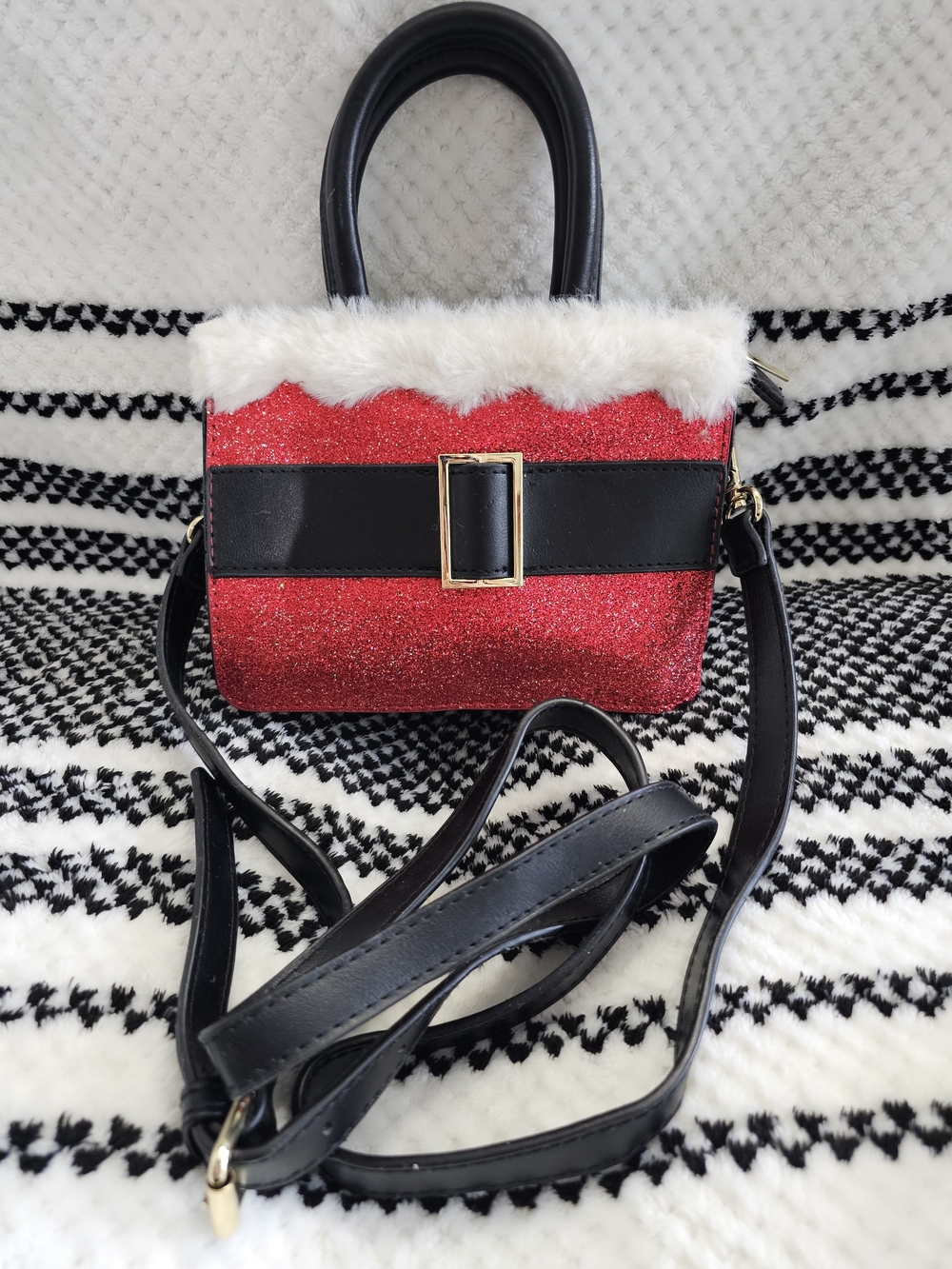Mad Love Red Glitter Mini Crossbody with White Faux Fur and Black Strap